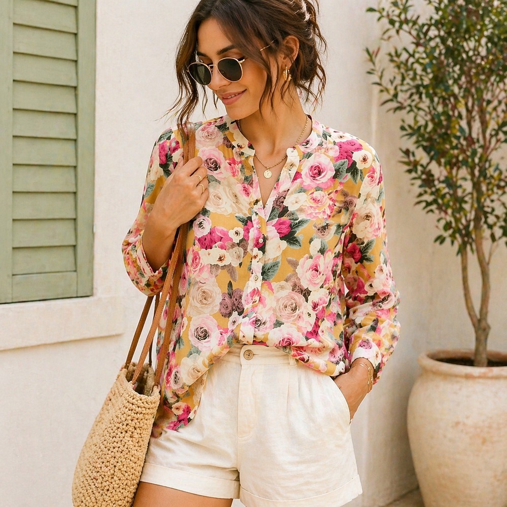 Chique Mustard-Pink Floral Blouse Lightweight Resort Vacation Euro Summer MM